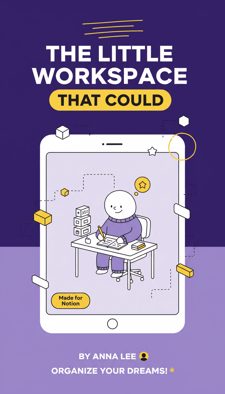 Create a children's book cover in Notion's brand style. Title: 'The Little Workspace That Could'. Whimsical, illustrated, playful, on-brand typography.
