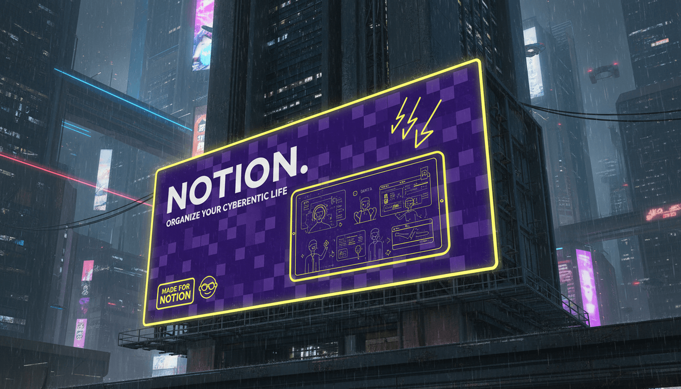 Create a cyberpunk-style billboard advertisement for Notion. Futuristic city setting, neon elements, but maintaining Notion's clean typography and brand colors.