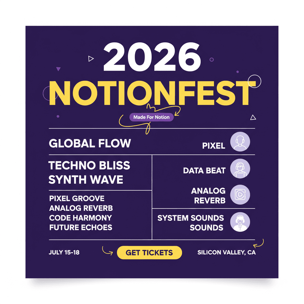 Create a music festival poster for a fictional event called 'NotionFest 2026'. Bold headline, lineup of feature names as performers, vibrant but on-brand design.