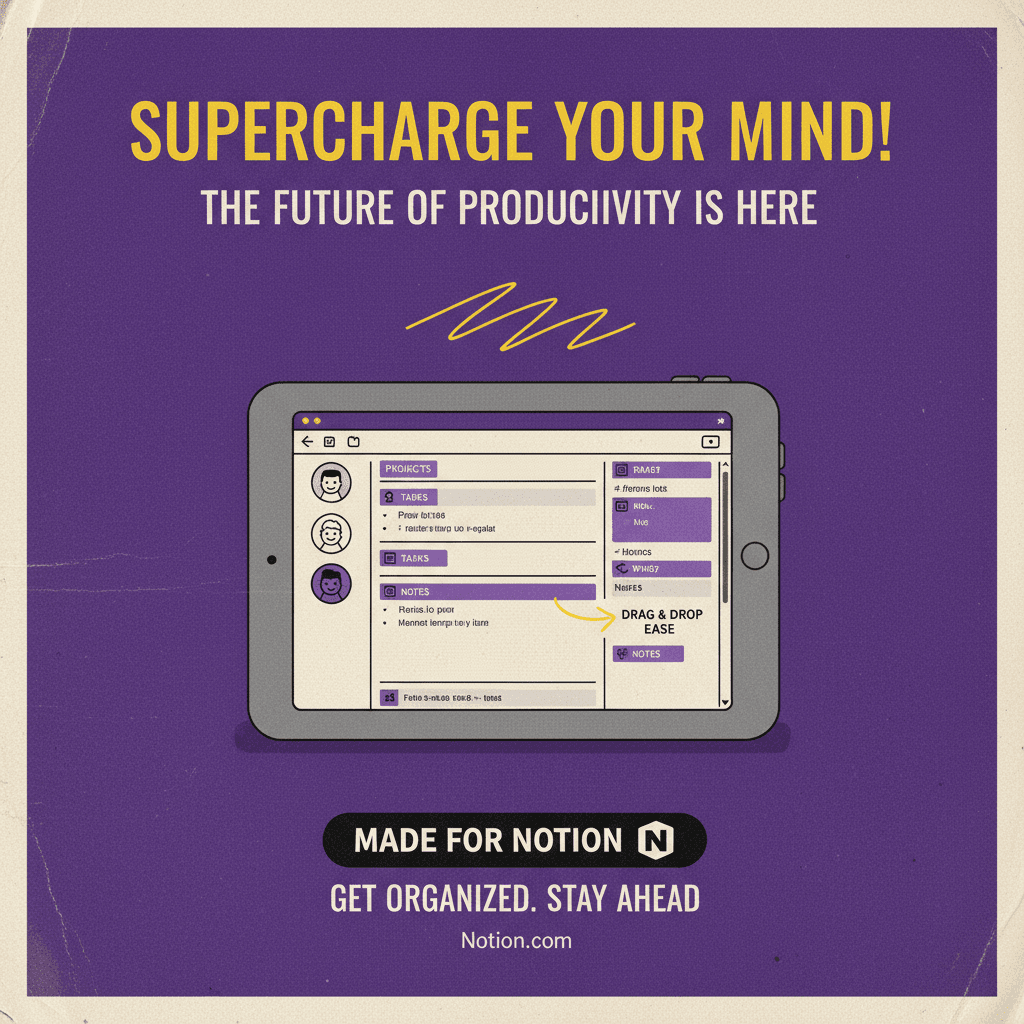 Create a 90s retro magazine advertisement for Notion. Vintage layout, bold headline, retro typography, classic magazine ad composition. The ad should promote Notion as a productivity tool but in a 90s style.
