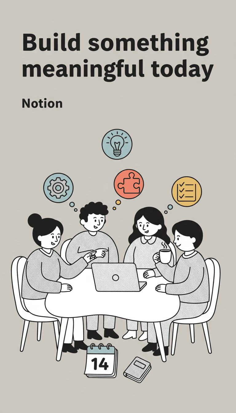 Create a motivational workspace poster in Notion's brand style. A cozy illustrated scene of people collaborating with Notion tools, with the tagline 'Build something meaningful today'. Whimsical, warm, hand-drawn aesthetic.