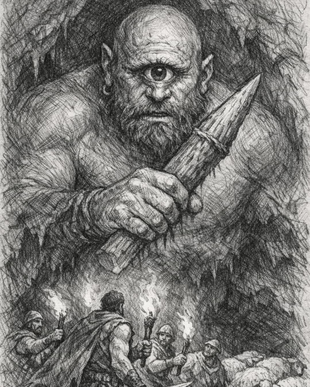 A human-made graphite sketch of the Cyclops from The Odyssey, shown as a giant one-eyed humanoid, not a beast, with Odysseus and his men inside the cave holding torches. Add rough cave textures, a wooden stake, subtle sheep, and strong mythological tension. Monochrome pencil sketch on textured paper, rough cross-hatching, no text.