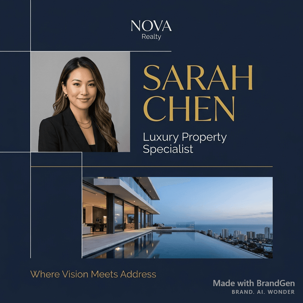 A real estate agent personal branding social media post, professional agent headshot area with name 'SARAH CHEN' and title 'Luxury Property Specialist', agency logo placement, a featured property preview below, Instagram-ready format, premium and polished.