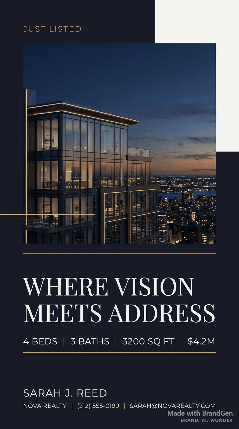 A luxury penthouse property listing card, dramatic twilight architectural photography of a modern glass building, property details — 4 beds, 3 baths, 3200 sq ft, price $4.2M prominently displayed, agent name and contact at bottom, 'JUST LISTED' label, premium real estate flyer layout.