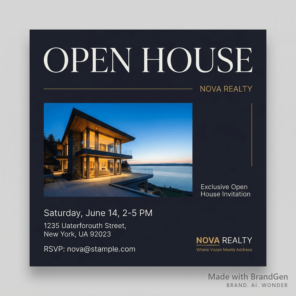 An exclusive open house invitation for a waterfront villa, large elegant 'OPEN HOUSE' heading, property hero photo, event details — Saturday June 14, 2-5 PM, address and RSVP line, sophisticated and clean invitation design, luxury feel.