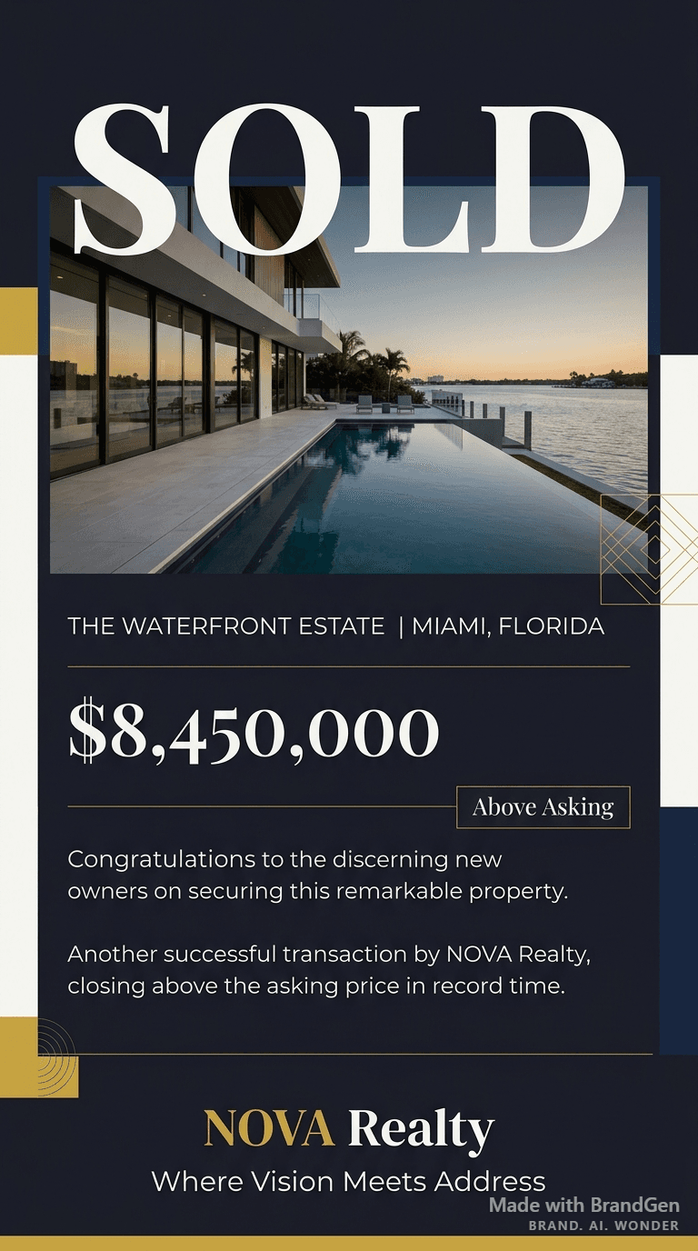 A 'SOLD' celebration social media graphic for a luxury waterfront home, large bold 'SOLD' text overlay on property photo, final sale price displayed, 'Above Asking' badge, congratulatory premium design, clean and celebratory.