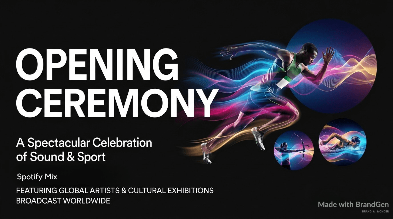 An Olympic Games event branding poster for the opening ceremony, bold condensed sans-serif typography reading 'OPENING CEREMONY', circular motifs inspired by album art, vibrant gradient color washes flowing across dark background, energetic athletic imagery, event poster design
