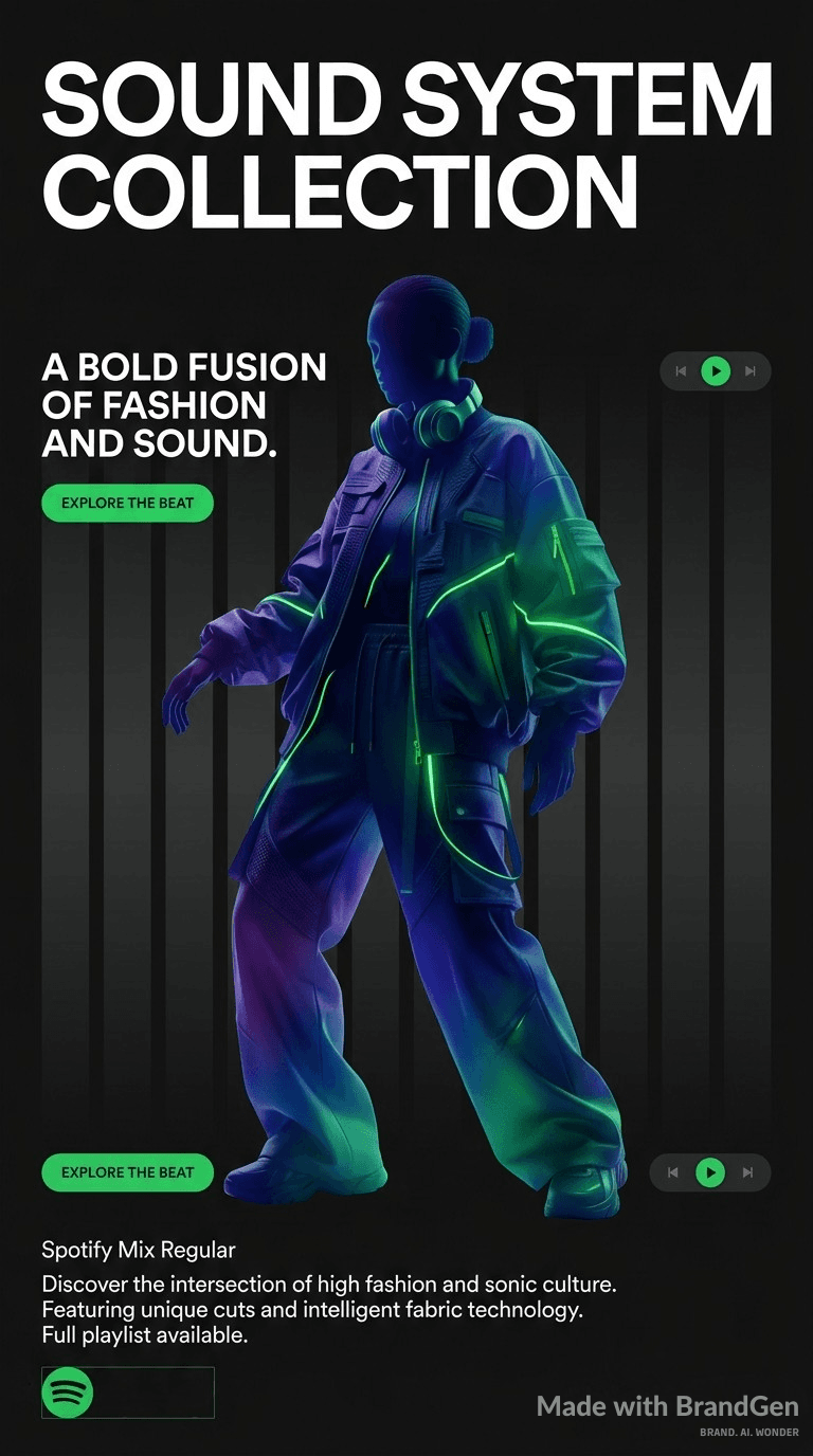 A luxury fashion magazine cover for a high end streetwear collection, bold sans-serif typography reading 'SOUND SYSTEM COLLECTION', neon green accent highlights on dark black background, model silhouette with gradient color wash overlay, editorial fashion photography, premium layout