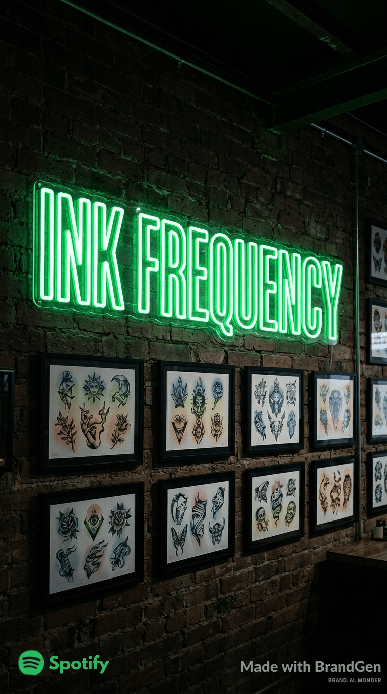 A tattoo studio interior wall art and brand identity, bold condensed typography reading 'INK FREQUENCY', neon green neon sign on dark brick wall, flash art sheets with gradient color washes, moody atmospheric photography, underground creative studio aesthetic