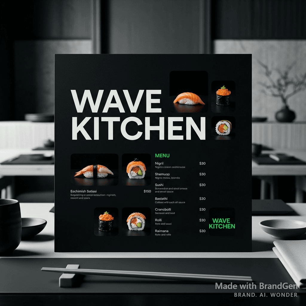 A premium sushi restaurant brand identity with menu card, bold sans-serif typography reading 'WAVE KITCHEN', neon green accent on dark black background, minimalist food photography, clean grid layout, sophisticated Japanese dining aesthetic with modern edge
