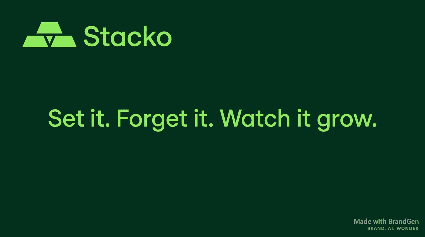 Stacko brand LinkedIn banner showing 'Set it. Forget it. Watch it grow.' tagline. Clean dark green background, mountain logo top left, modern sans-serif typography. Professional fintech aesthetic.