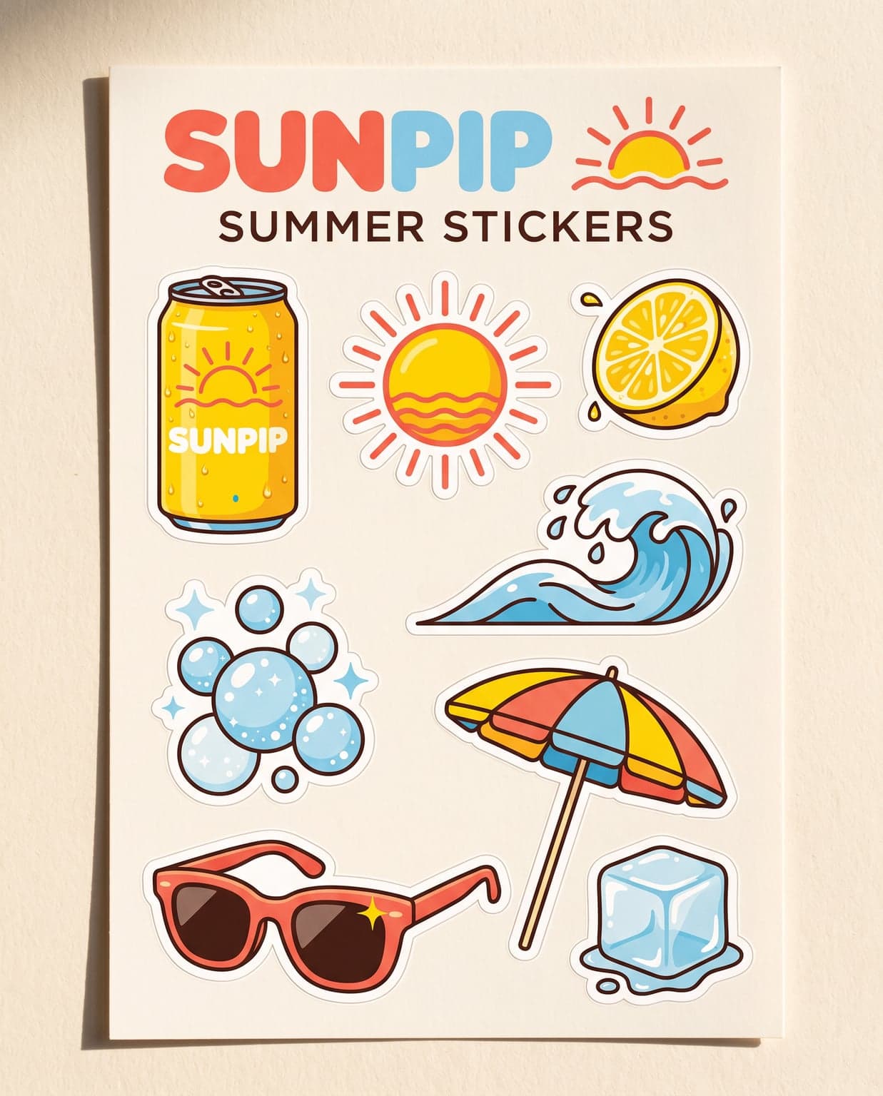 Sheet of eight die-cut summer stickers under a SUNPIP logo: a yellow can, a sun, a halved lemon, a wave, bubbles, a beach umbrella, sunglasses and an ice cube.